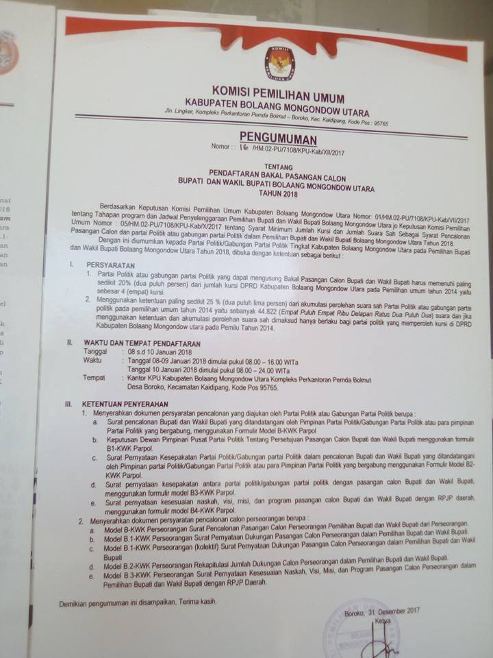 8-10 Januari KPU Bolmut Buka Pendaftaran Calon Bupati dan Wakil Bupati